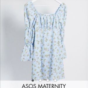 Maternity blue floral tea dress with ruched sleeve